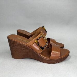 Toscanella Sandals Women's Size 6‎ Brown Leather Big Buckle Wedge Slip On Slide